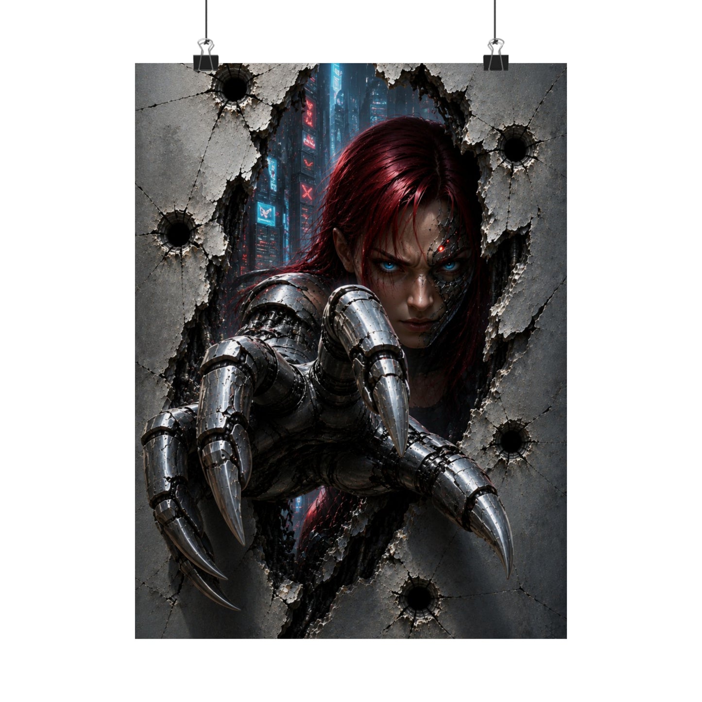 Cyberpunk Assassin Matte Poster — Red-Haired Cyborg Claw Wall Art