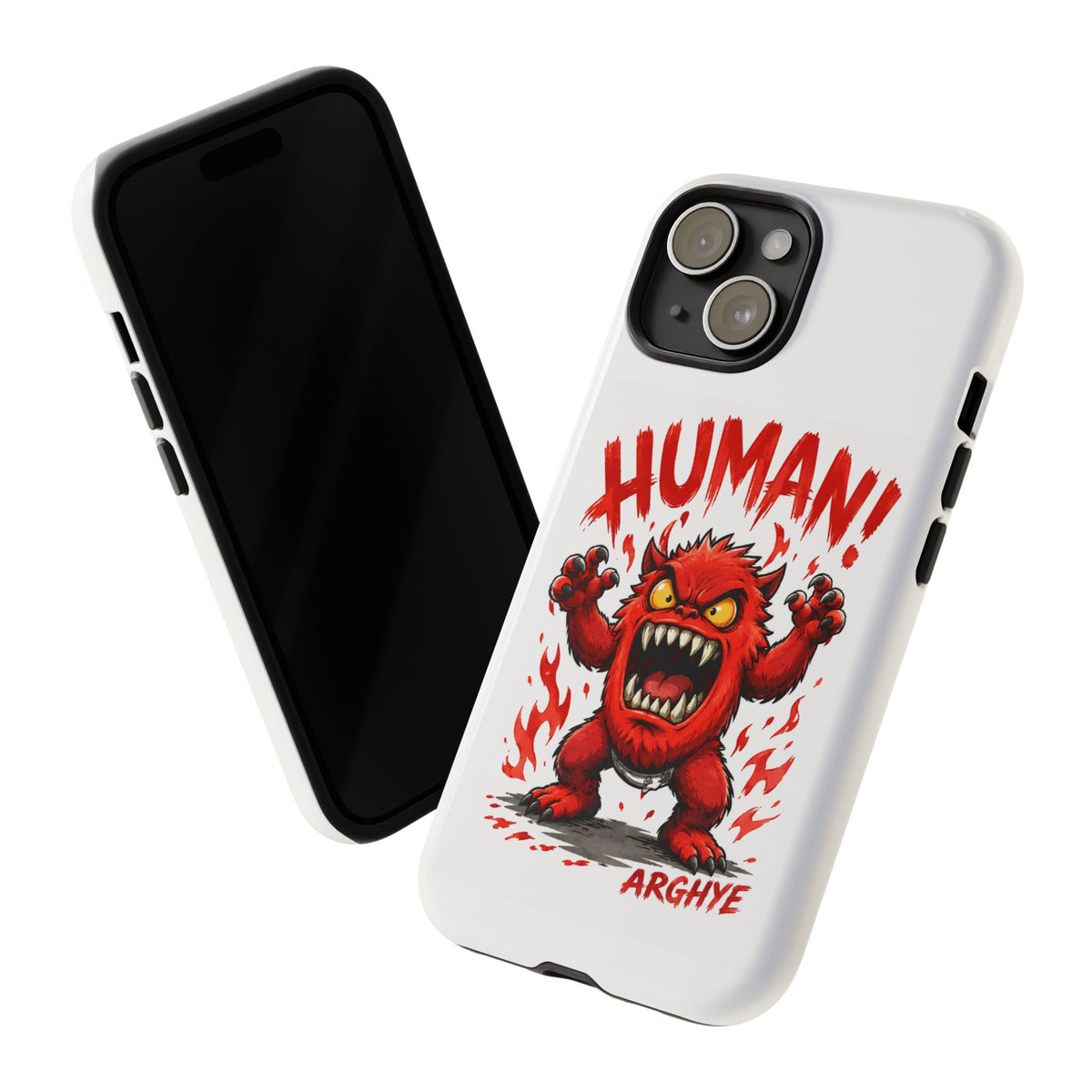 Angry Monster "HUMAN!" Phone Case — Cute Fiery Creature iPhone Cover