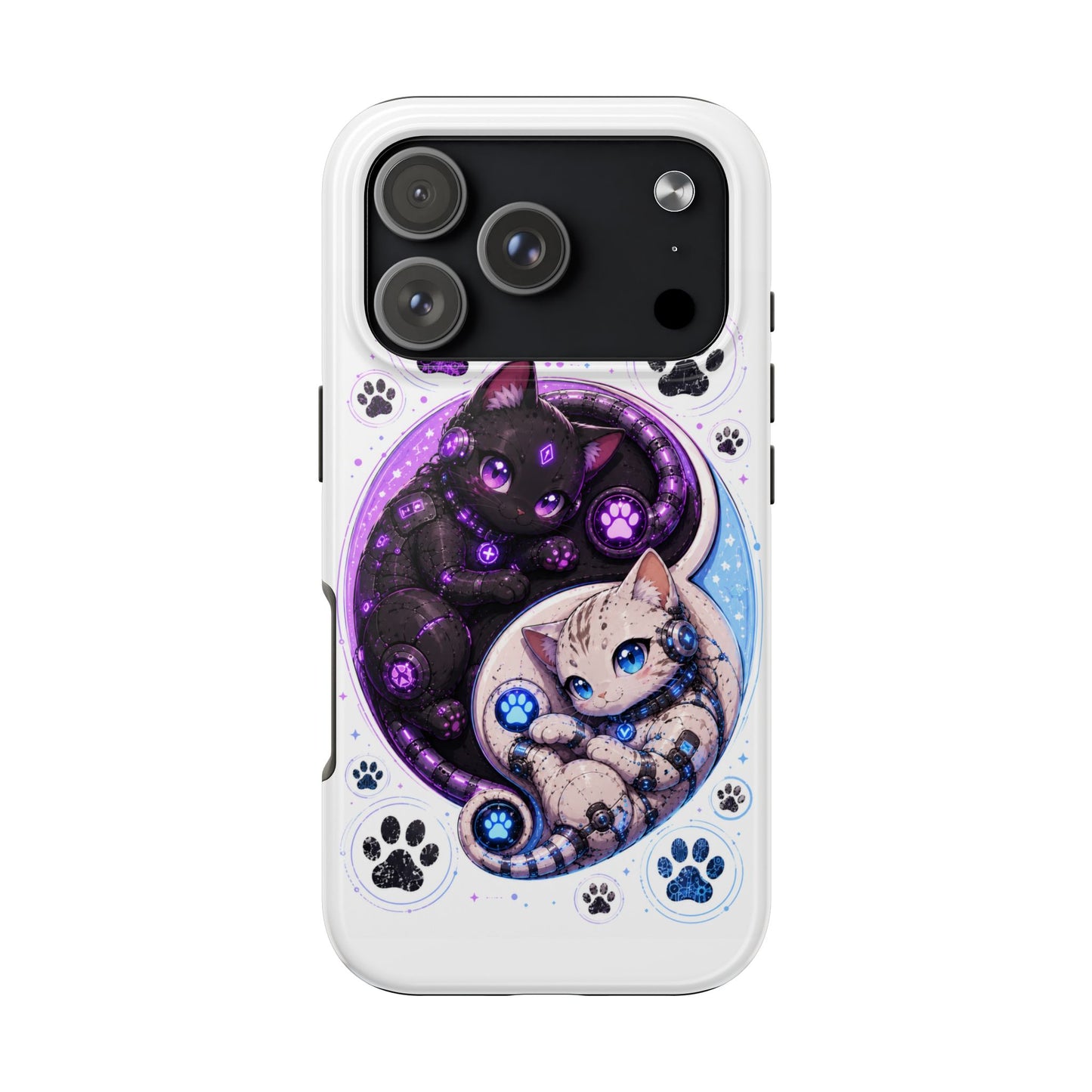 Cat Yin Yang Tough Phone Case — Black & White Kittens, Paw Print Protective Cover