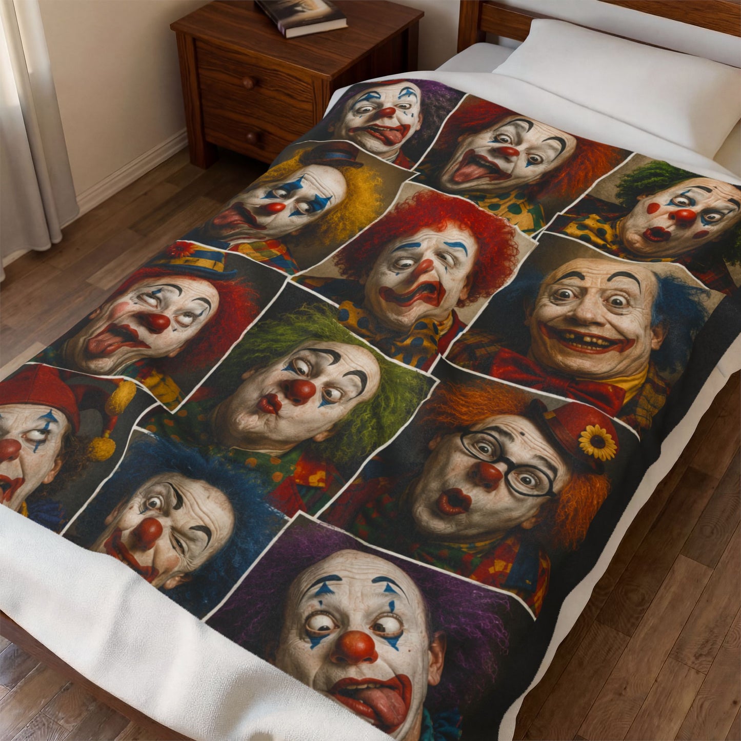 Clown Collage Velveteen Plush Blanket — Vintage Circus Faces Throw