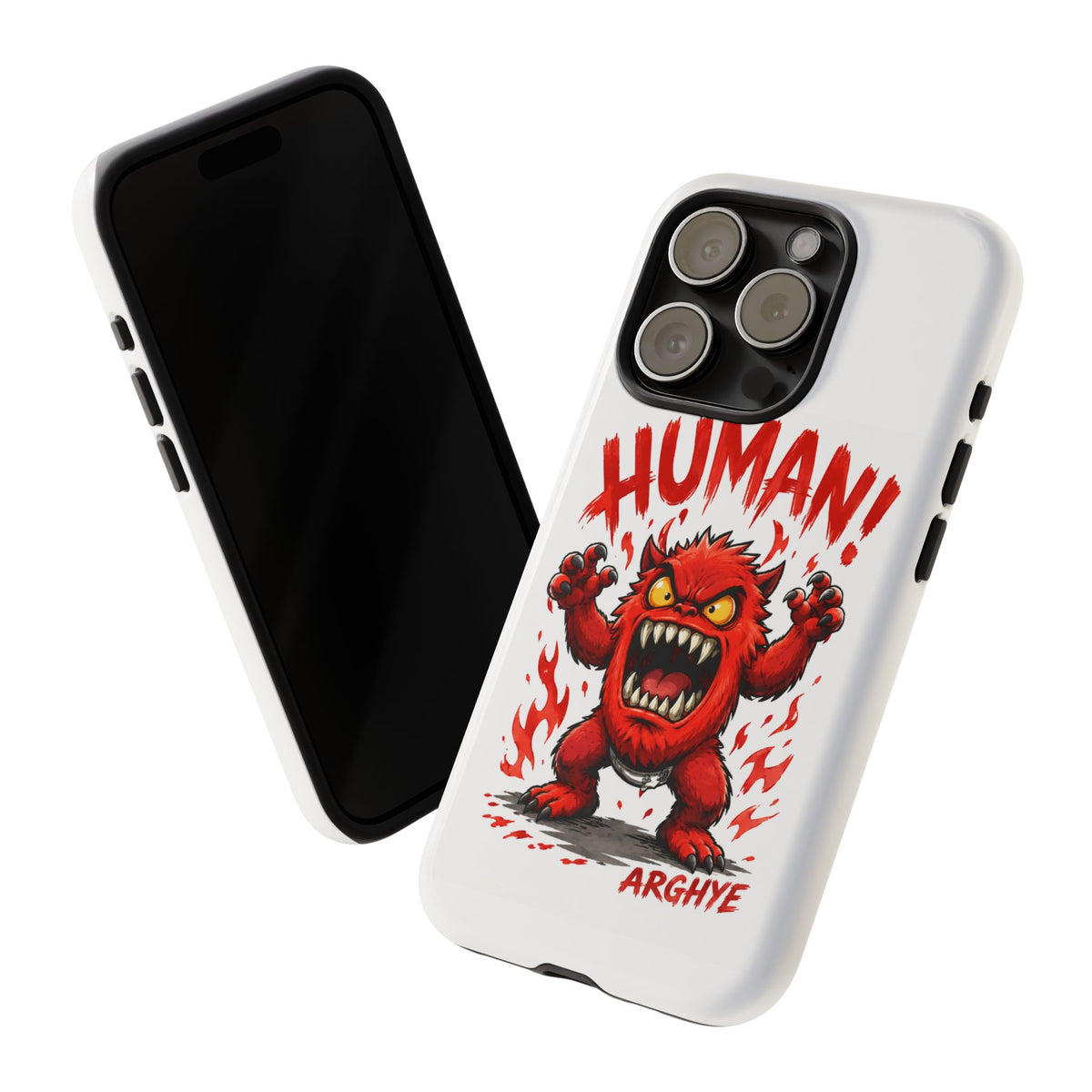 Angry Monster "HUMAN!" Phone Case — Cute Fiery Creature iPhone Cover