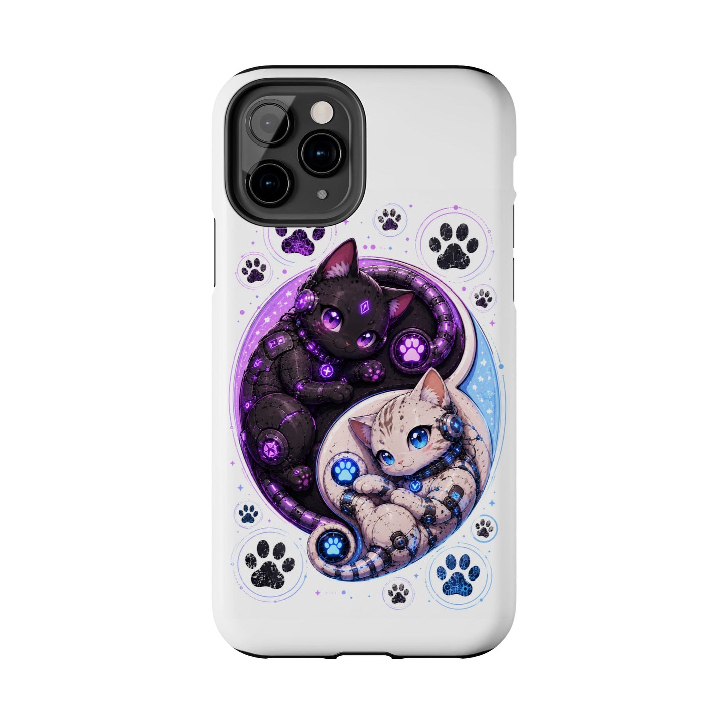 Cat Yin Yang Tough Phone Case — Black & White Kittens, Paw Print Protective Cover