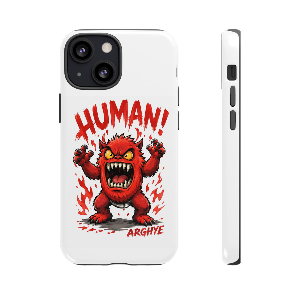 Angry Monster "HUMAN!" Phone Case — Cute Fiery Creature iPhone Cover