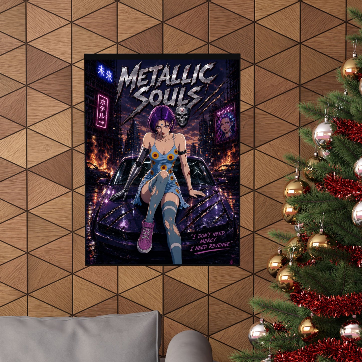 Metallic Souls Anime Poster — Cyberpunk Car Girl Matte Vertical Print