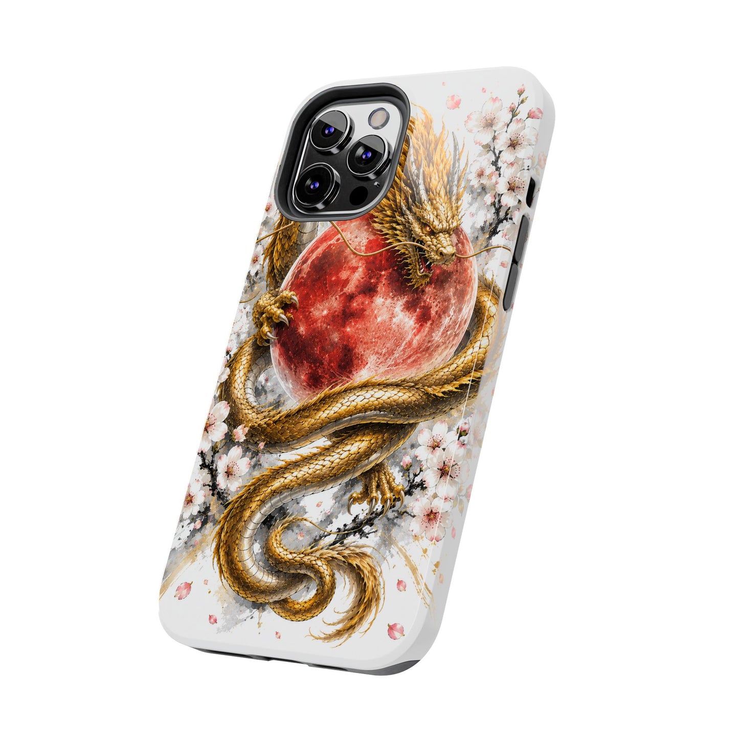 Golden Dragon Phone Case — Red Moon & Cherry Blossom Tough Phone Case