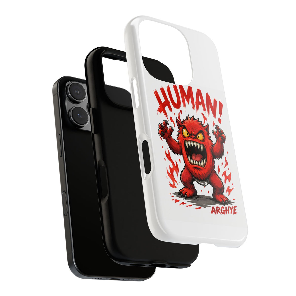 Angry Monster "HUMAN!" Phone Case — Cute Fiery Creature iPhone Cover