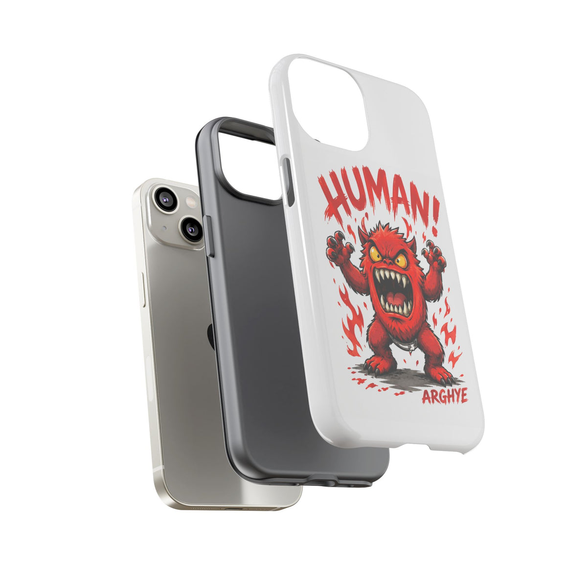 Angry Monster "HUMAN!" Phone Case — Cute Fiery Creature iPhone Cover