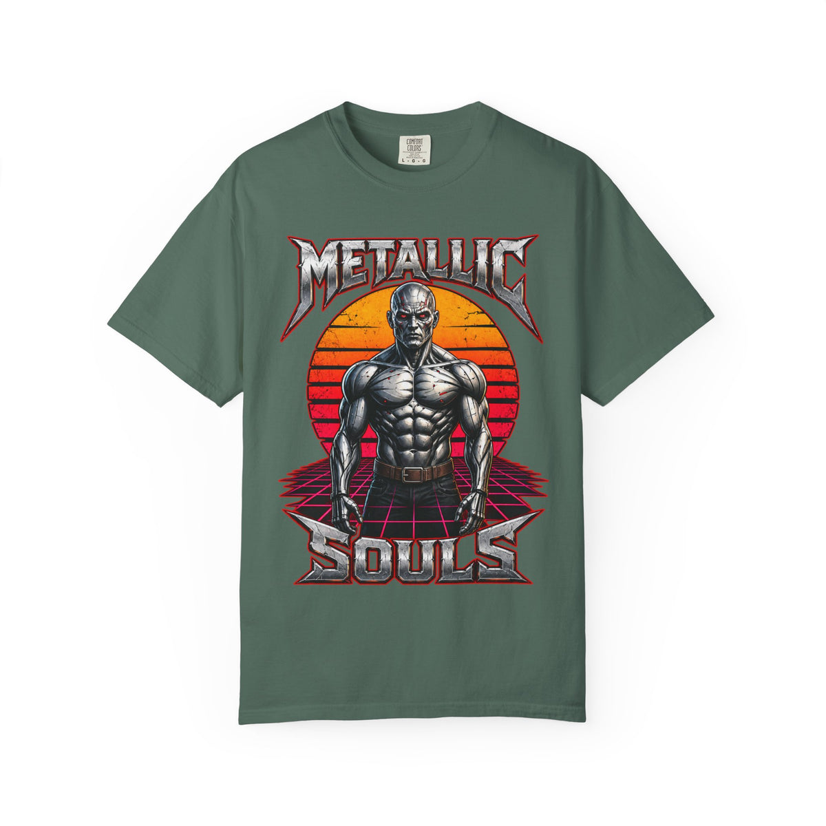 Metallic Souls T-Shirt — Retro Sunset Muscular Warrior Graphic Tee
