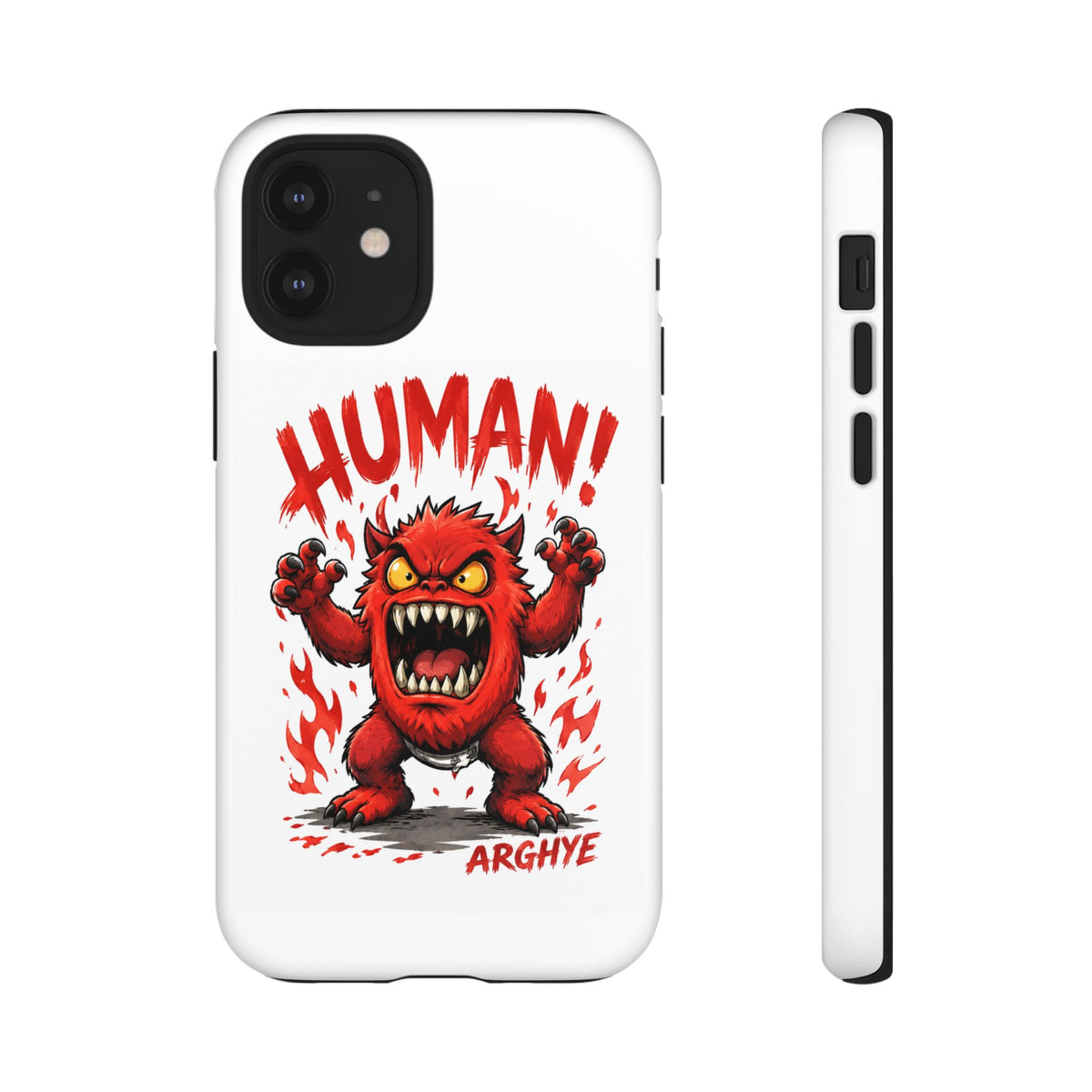 Angry Monster "HUMAN!" Phone Case — Cute Fiery Creature iPhone Cover
