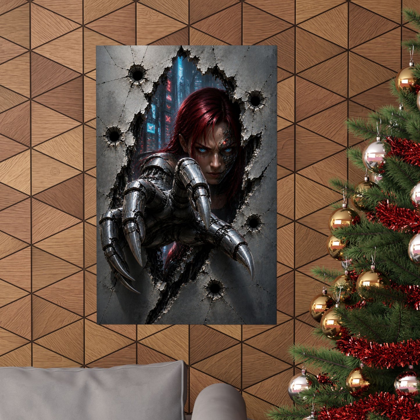 Cyberpunk Assassin Matte Poster — Red-Haired Cyborg Claw Wall Art