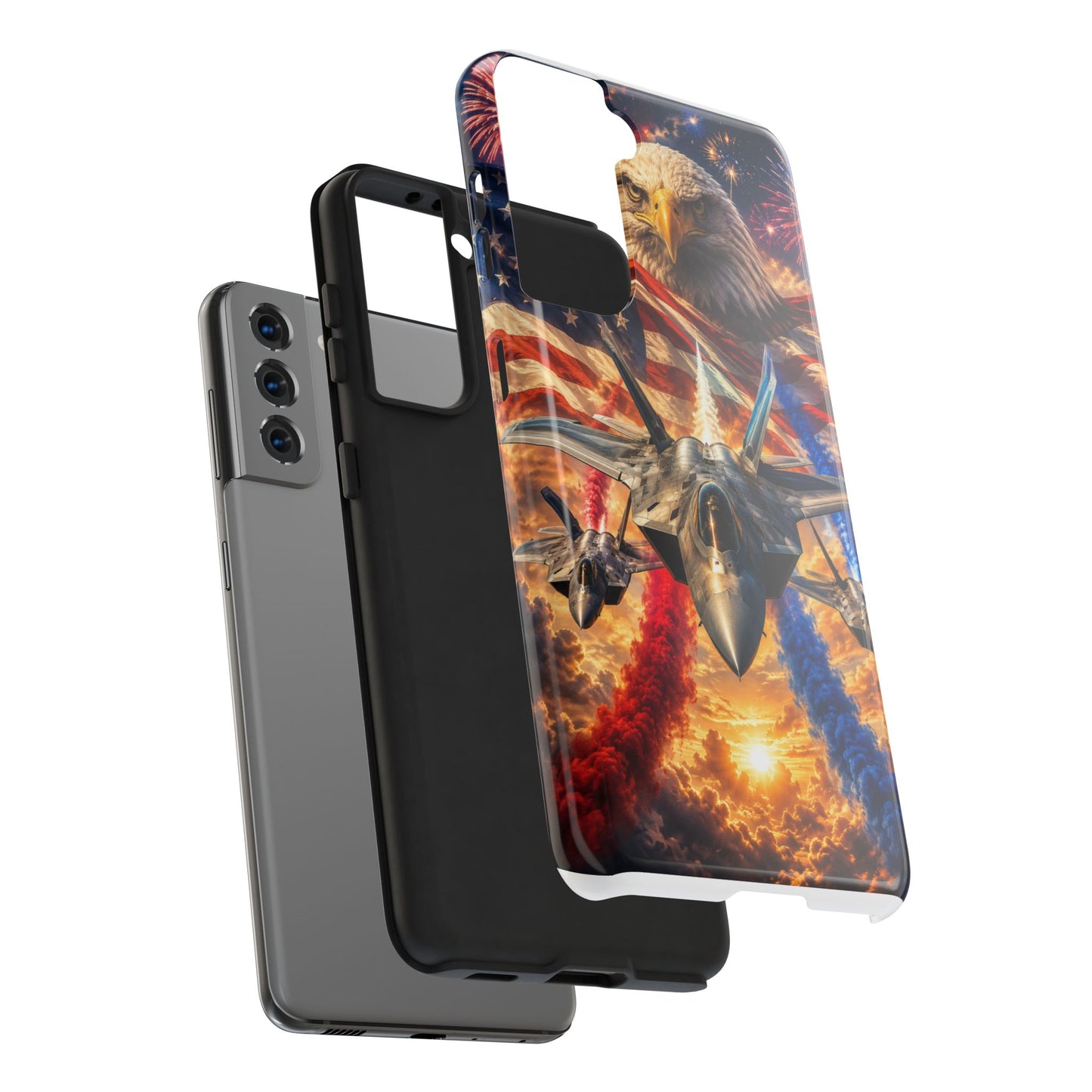 Patriotic Fighter Jet Phone Case with Eagle, American Flag & Fireworks Design