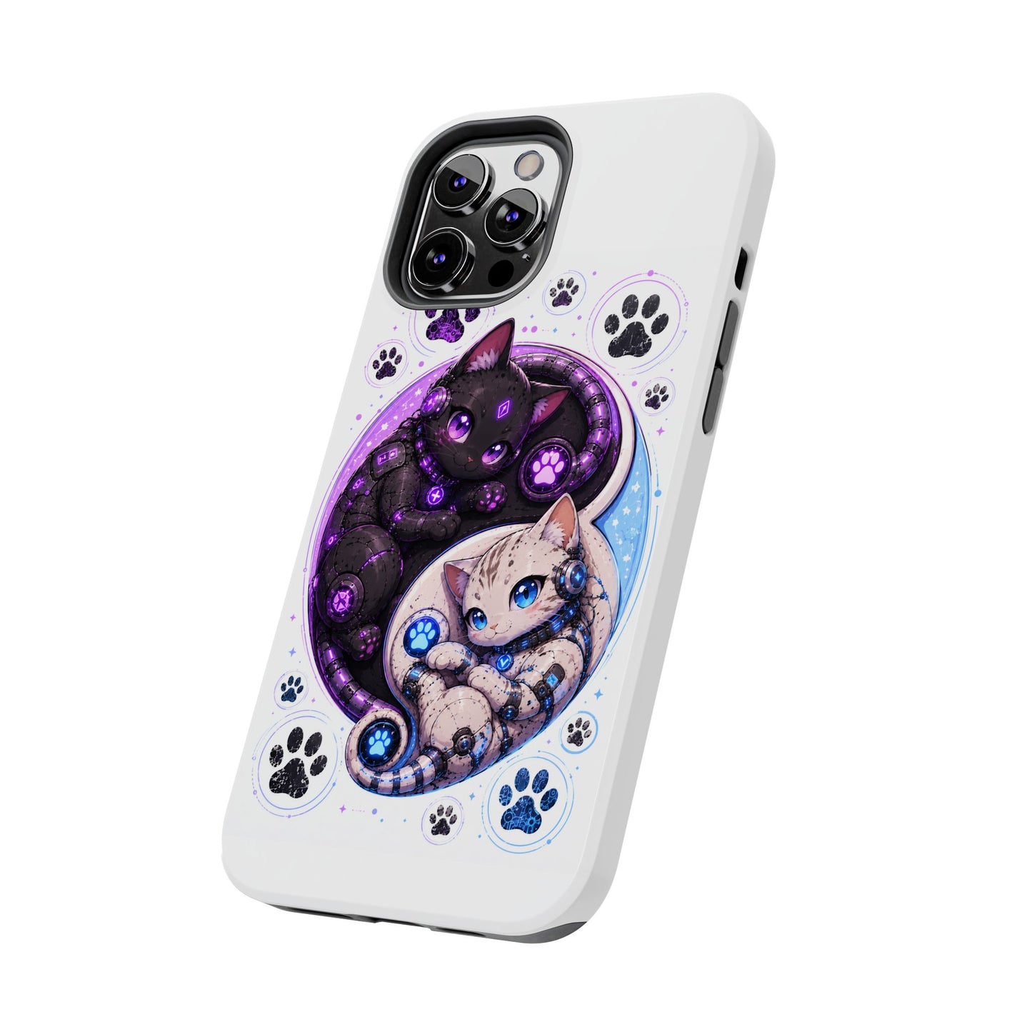 Cat Yin Yang Tough Phone Case — Black & White Kittens, Paw Print Protective Cover