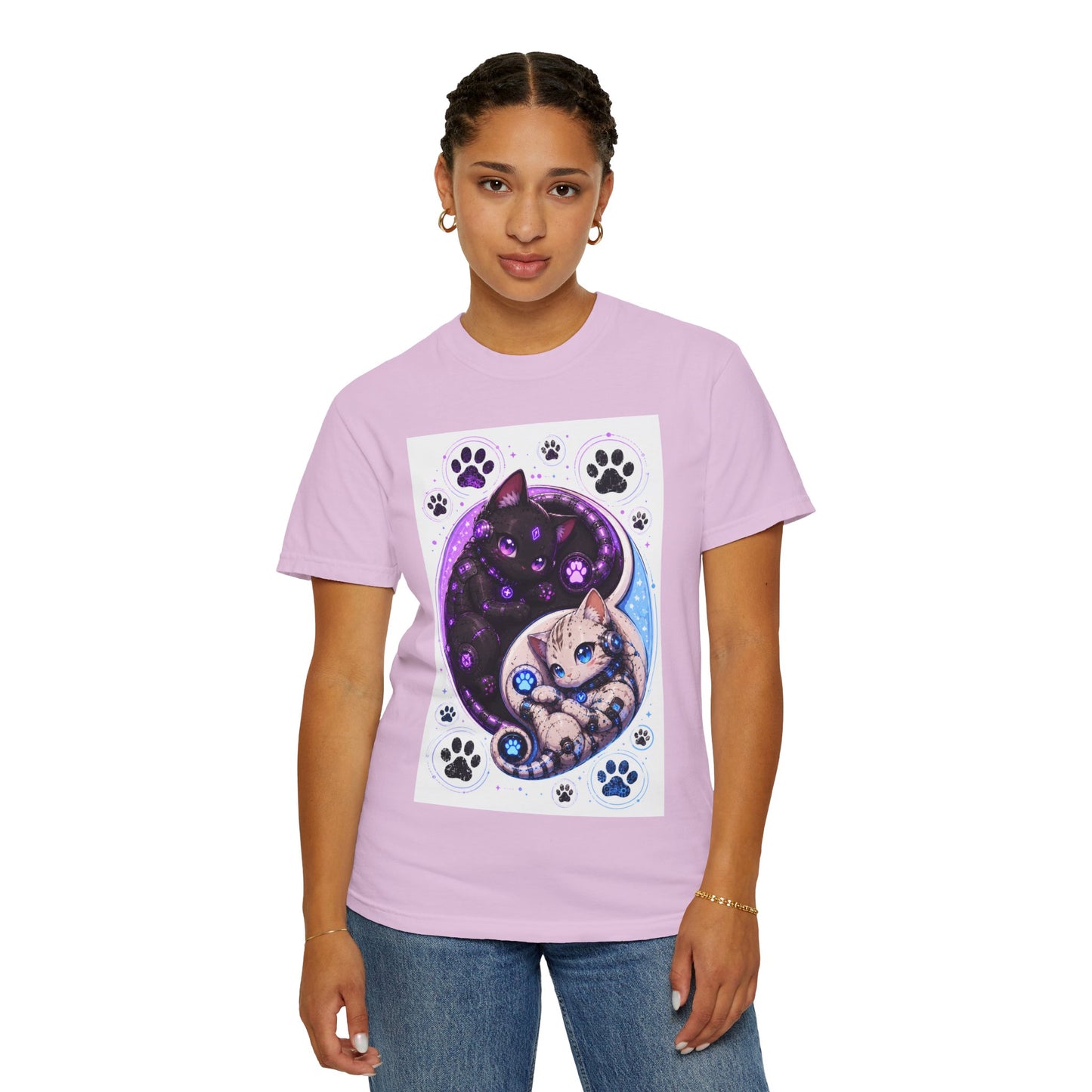 Yin Yang Cat T-Shirt — Cosmic Black & White Kittens Paw Print Tee