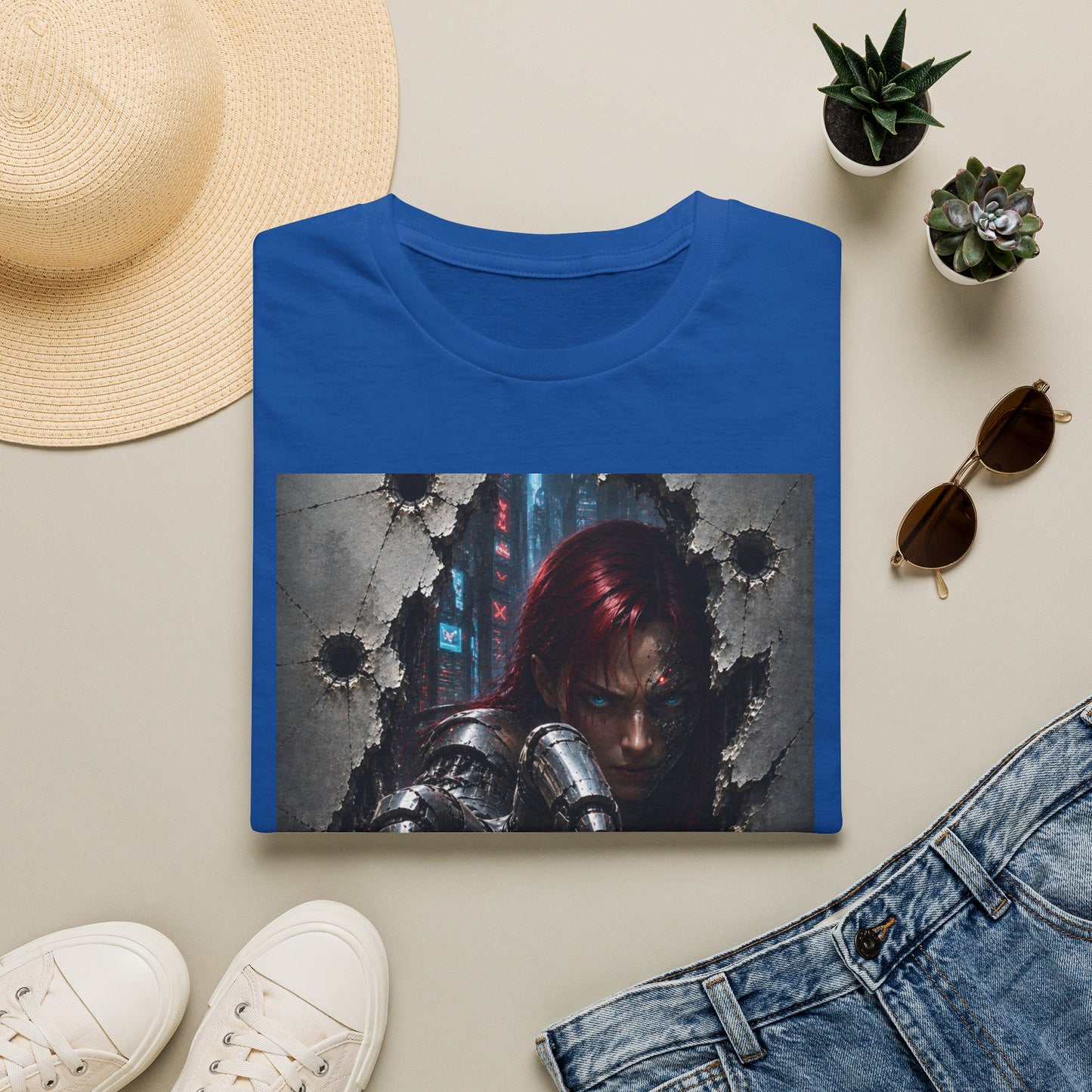 Cyberpunk Warrior Graphic T-Shirt — Red-Haired Brawler Design