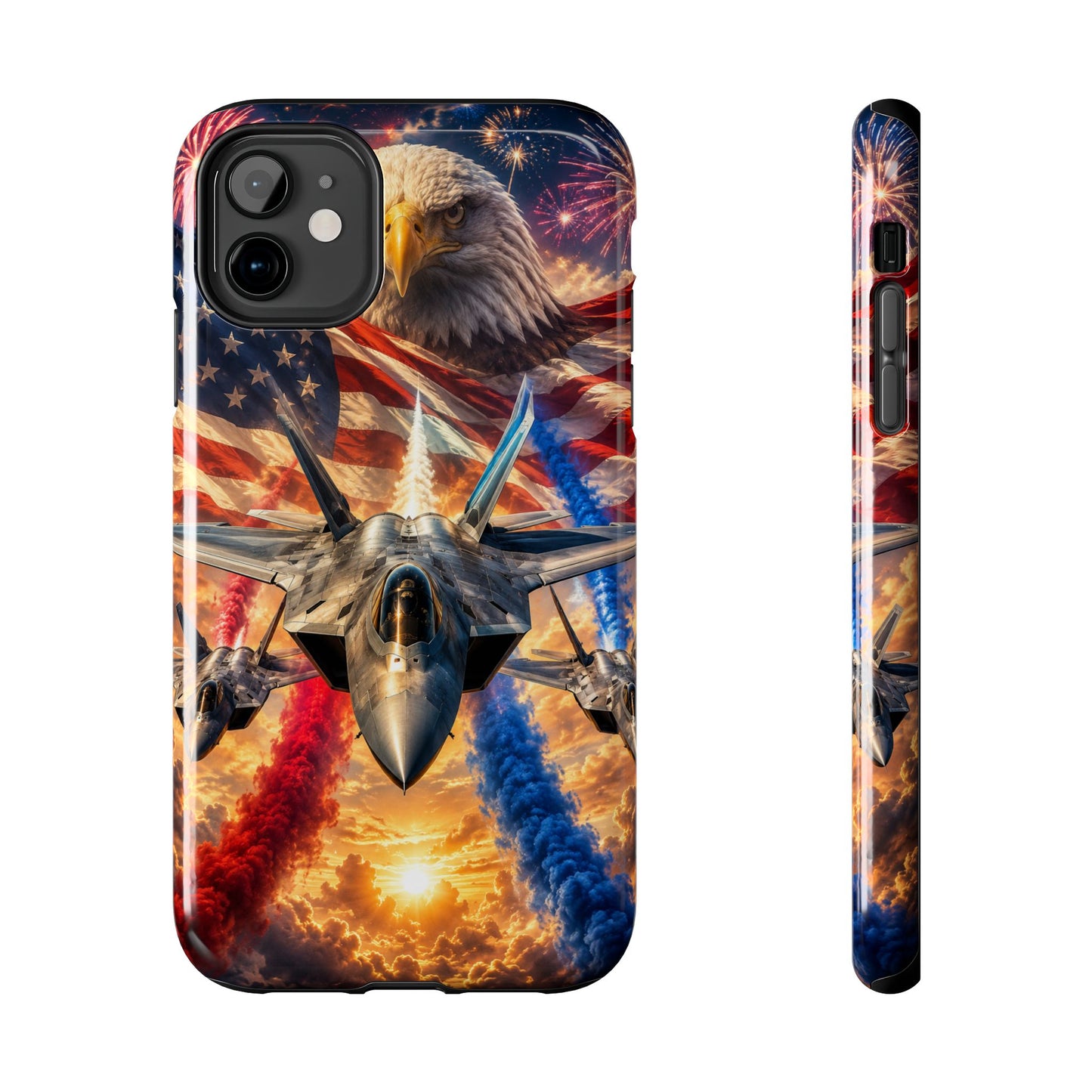 Patriotic Fighter Jet Phone Case with Eagle, American Flag & Fireworks Design