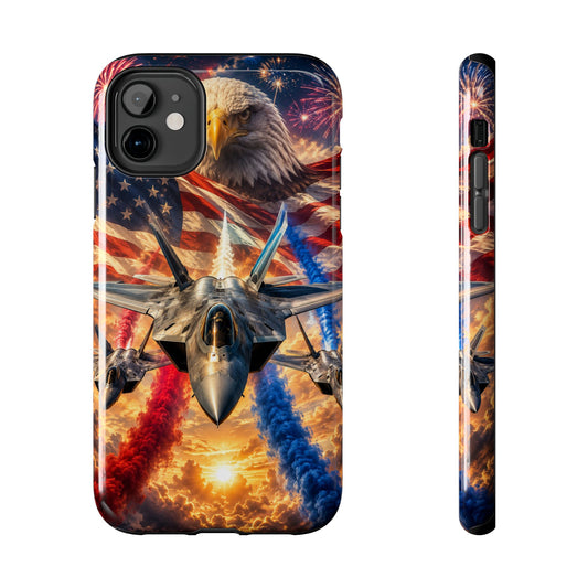 Patriotic Fighter Jet Phone Case with Eagle, American Flag & Fireworks Design