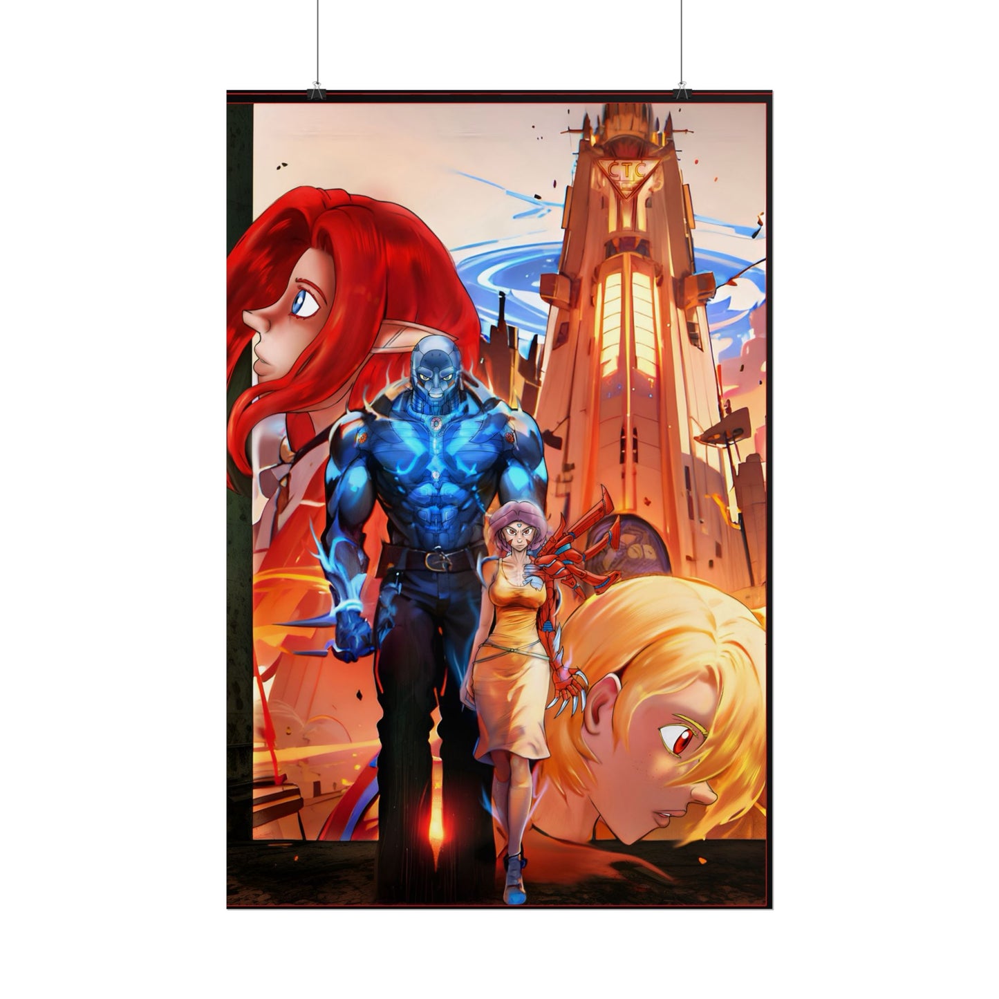 Anime Sci‑Fi Poster — Heroic Crew Tower Art Print (Rolled)