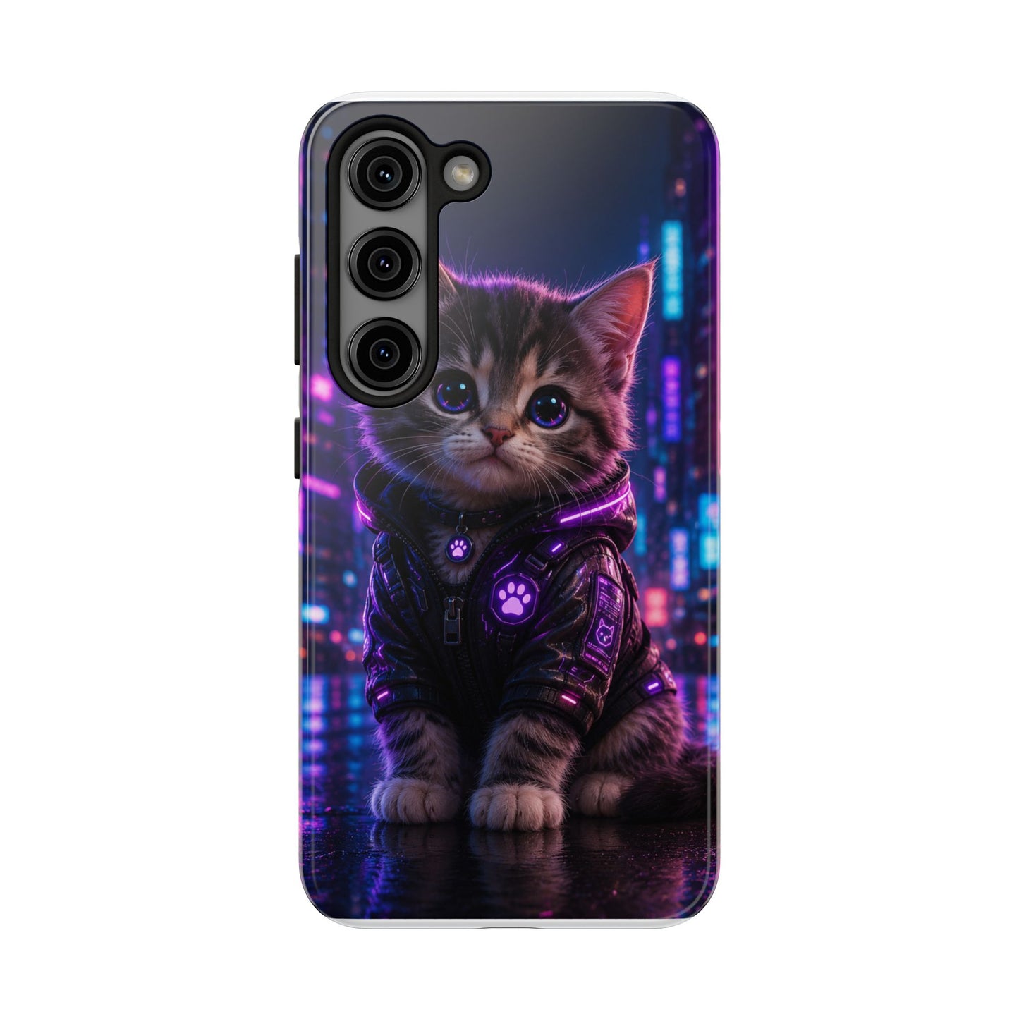 Cyberpunk Kitten Tough Phone Case — Neon Cat Protective Phone Cover