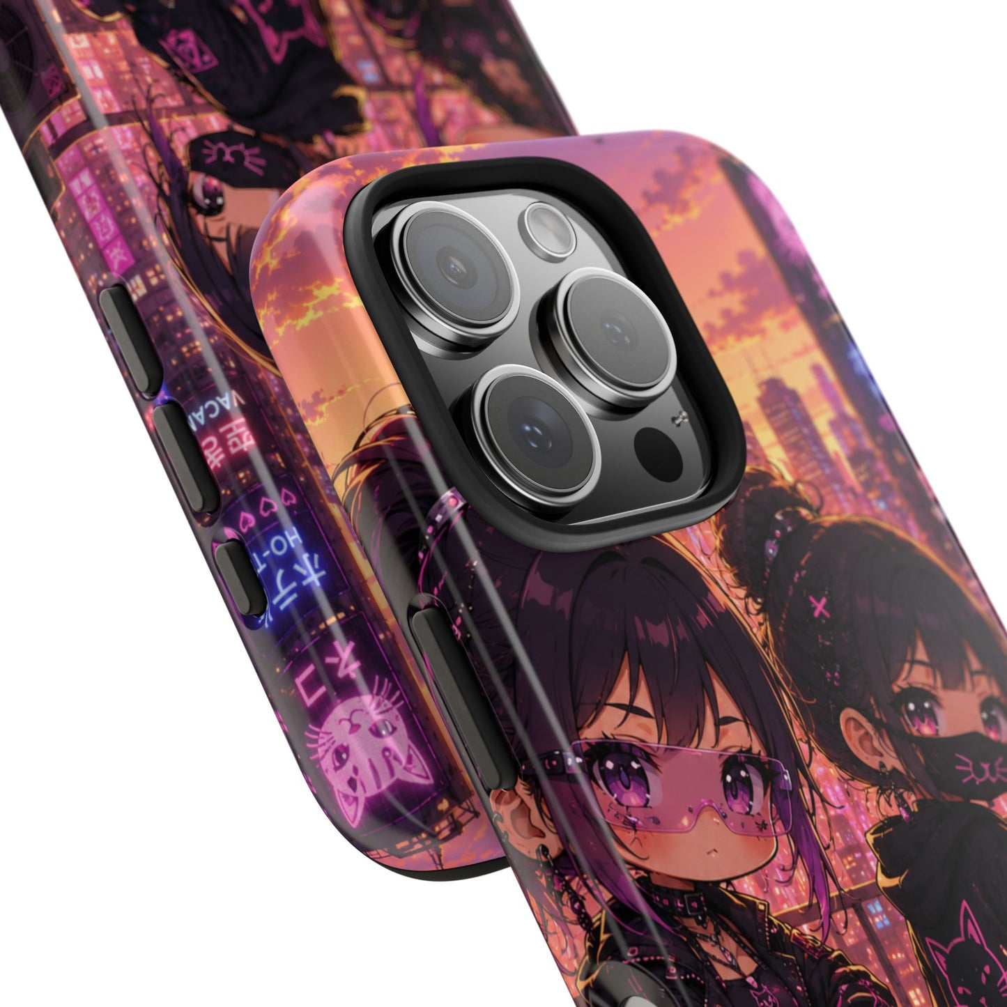 Anime City Night Tough Phone Case — Kawaii Cyberpunk Characters & Cat