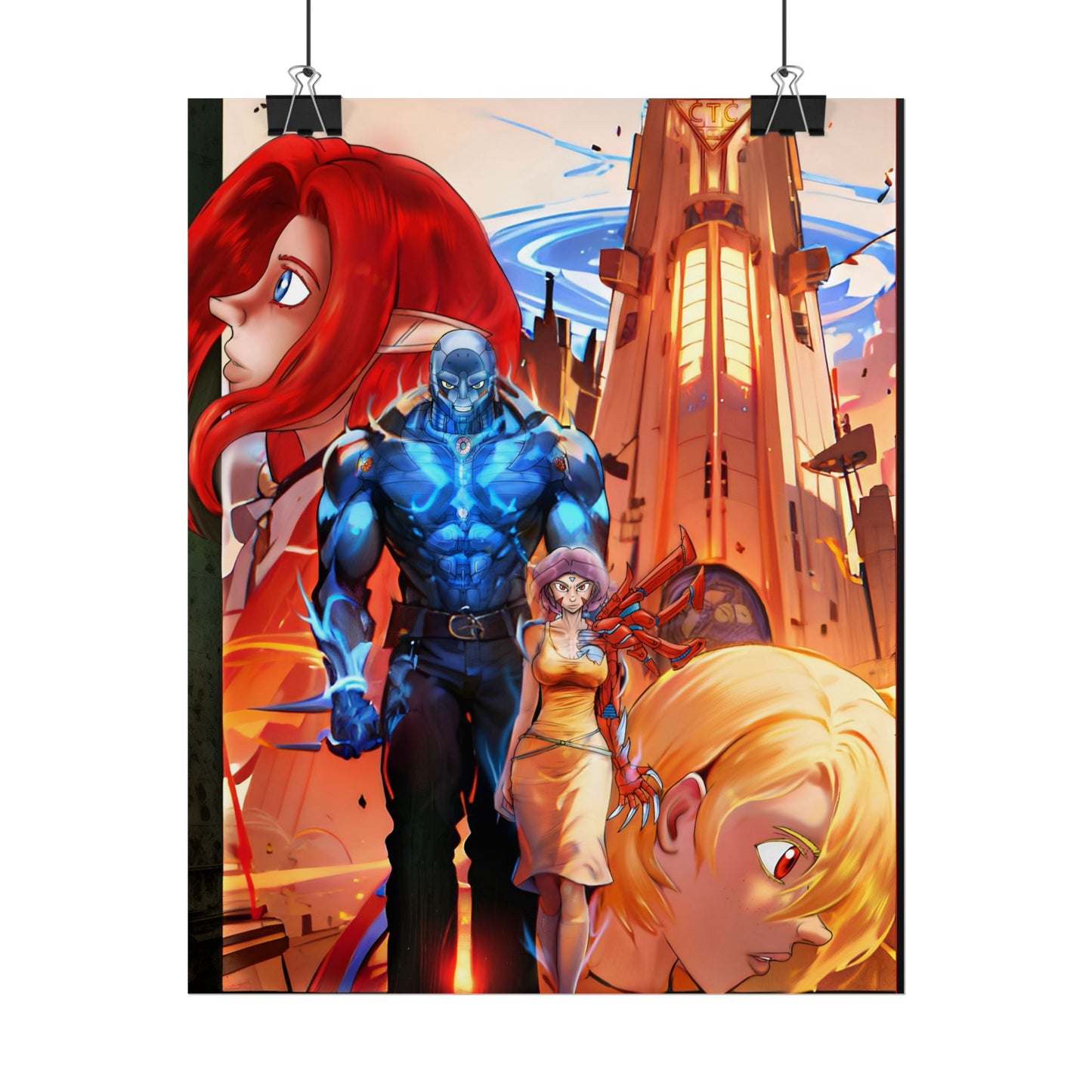 Anime Sci‑Fi Poster — Heroic Crew Tower Art Print (Rolled)