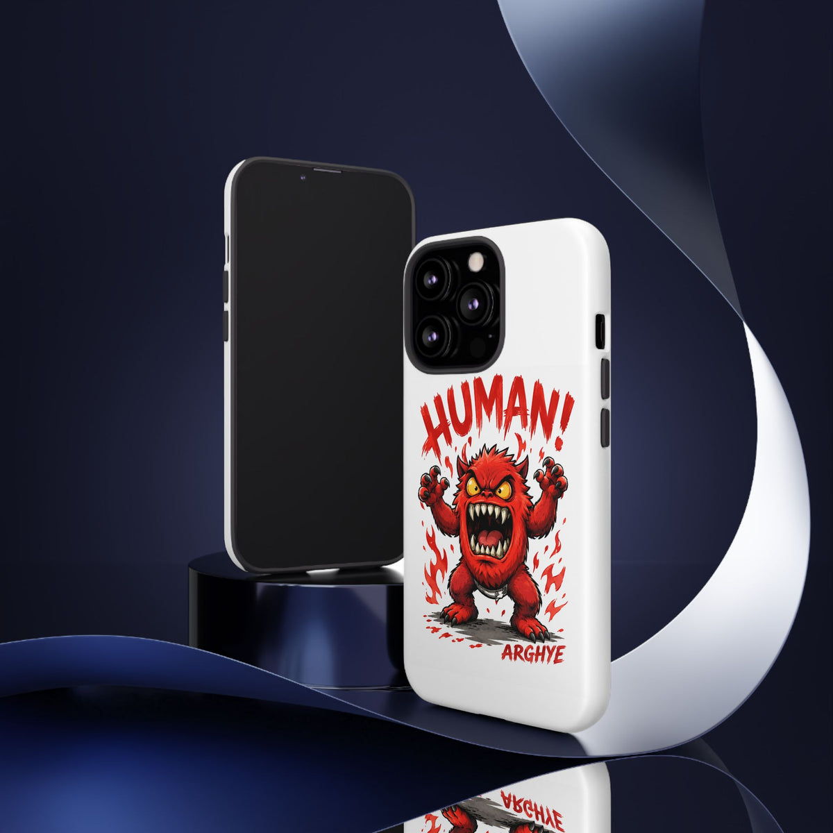 Angry Monster "HUMAN!" Phone Case — Cute Fiery Creature iPhone Cover