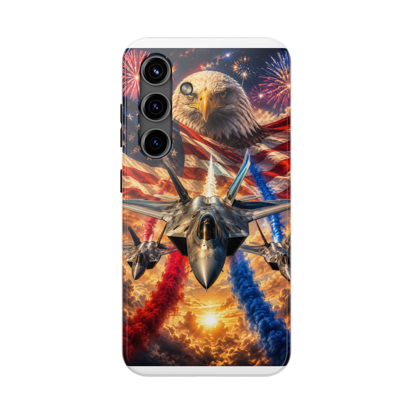 Patriotic Fighter Jet Phone Case with Eagle, American Flag & Fireworks Design