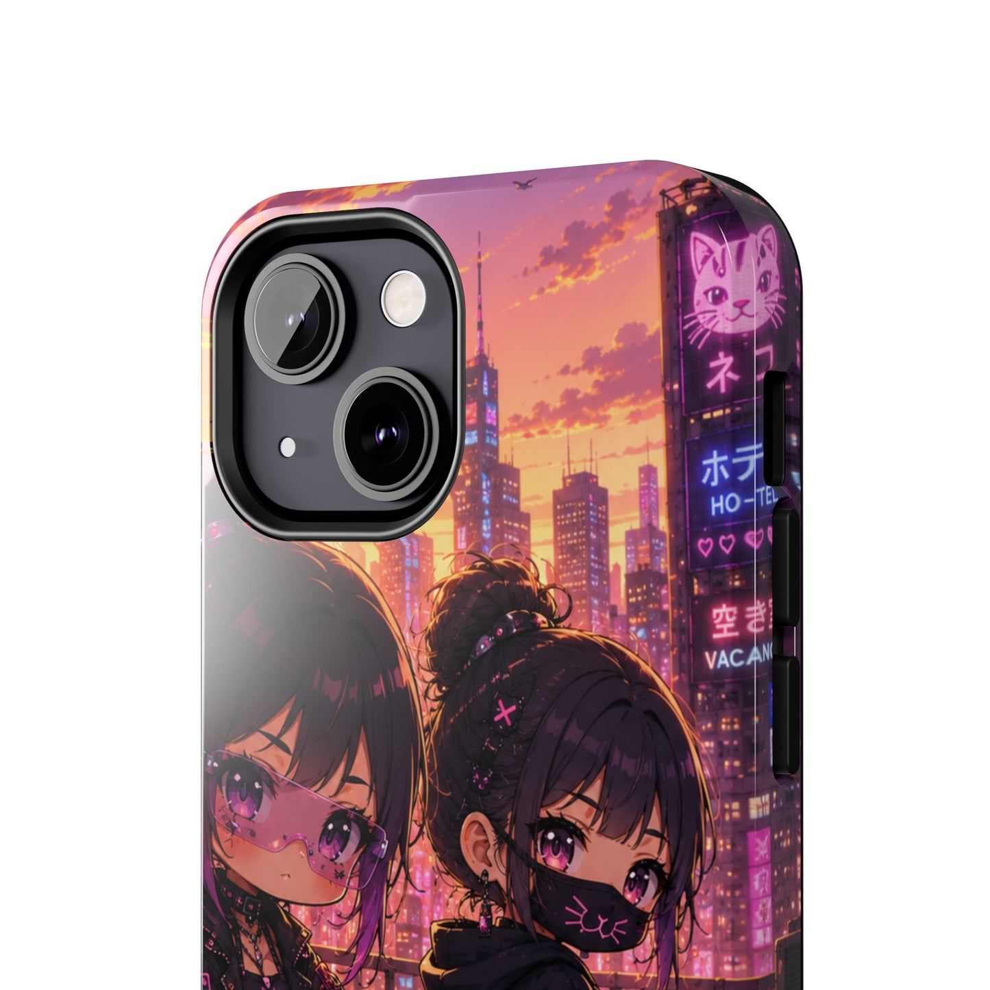 Anime City Night Tough Phone Case — Kawaii Cyberpunk Characters & Cat