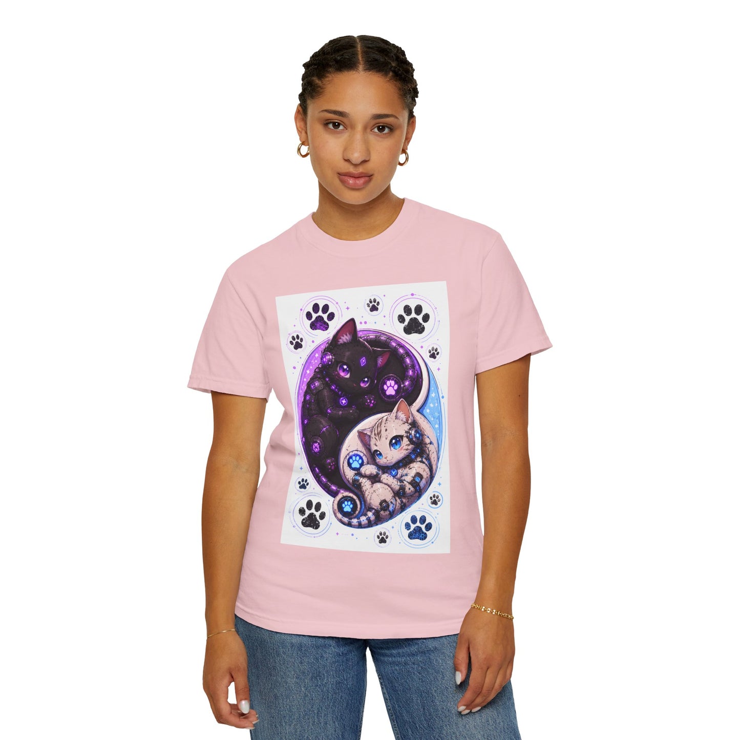 Yin Yang Cat T-Shirt — Cosmic Black & White Kittens Paw Print Tee