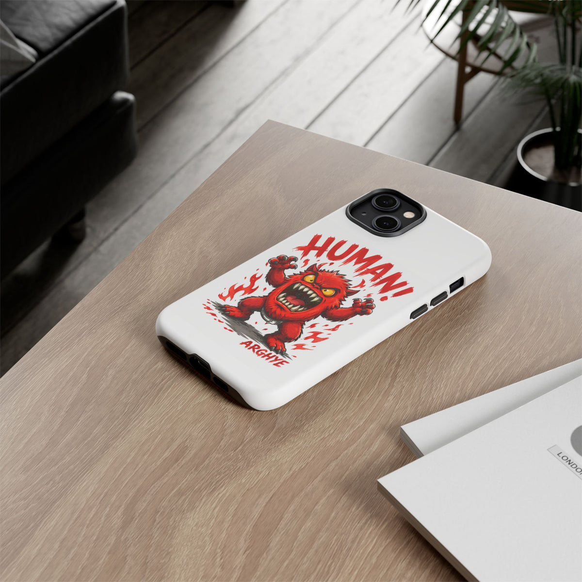 Angry Monster "HUMAN!" Phone Case — Cute Fiery Creature iPhone Cover