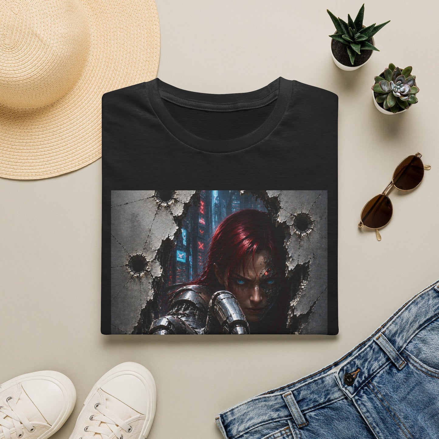 Cyberpunk Warrior Graphic T-Shirt — Red-Haired Brawler Design