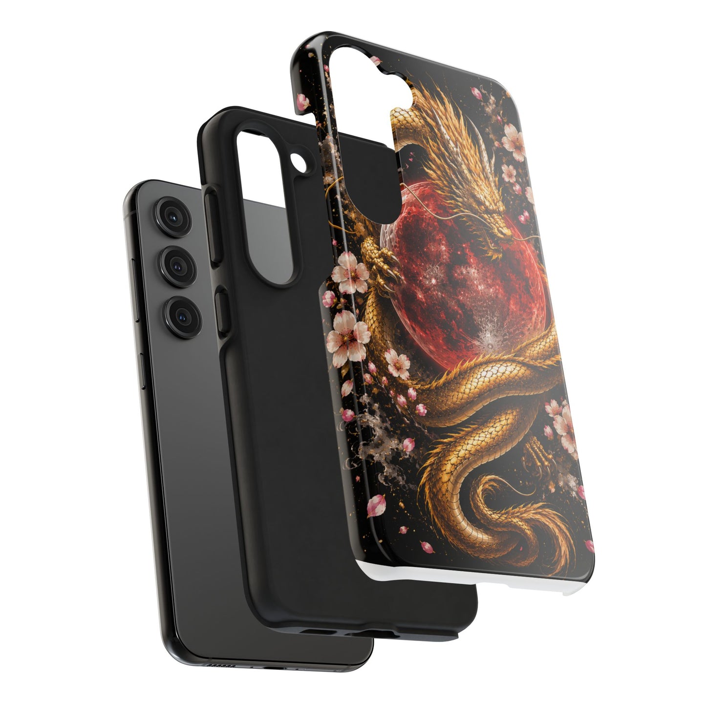 Golden Dragon Moon Tough Phone Case — Cherry Blossoms & Red Moon Protective Cover