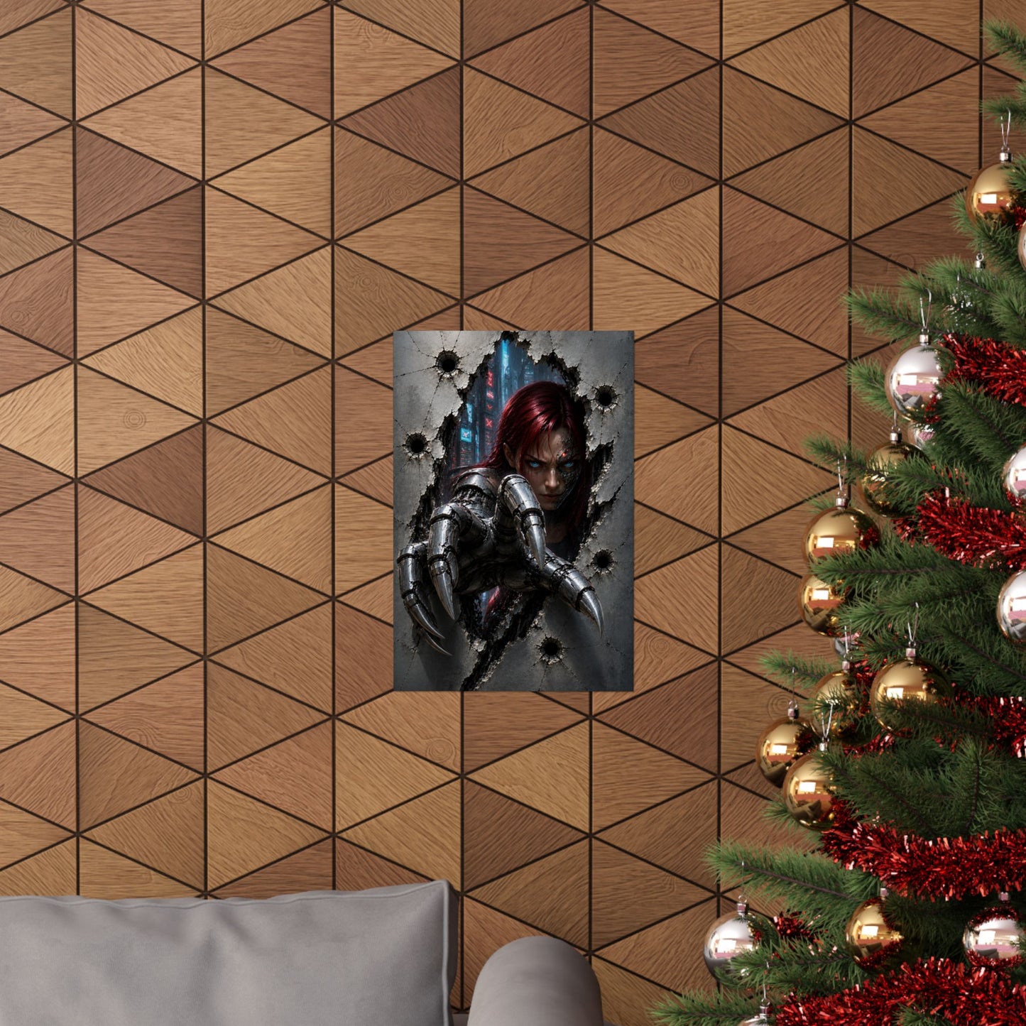 Cyberpunk Assassin Matte Poster — Red-Haired Cyborg Claw Wall Art