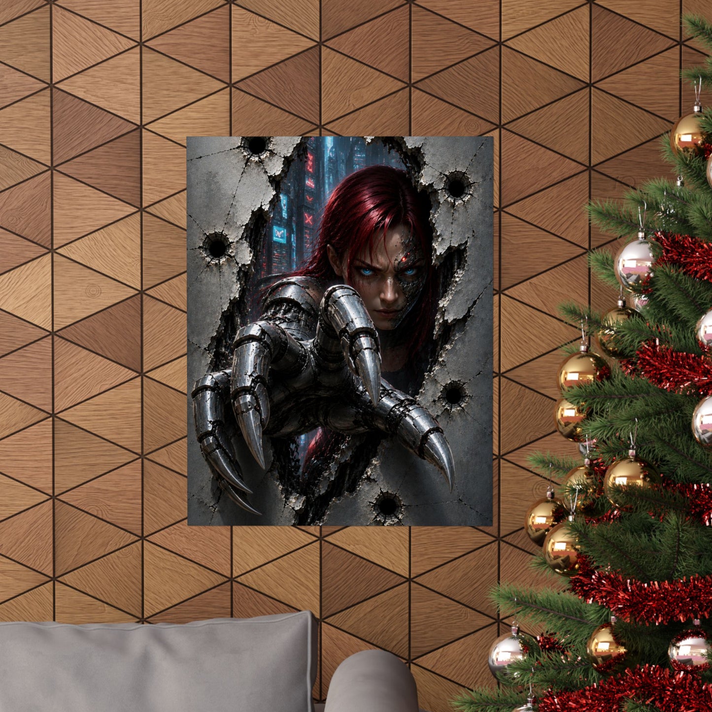 Cyberpunk Assassin Matte Poster — Red-Haired Cyborg Claw Wall Art