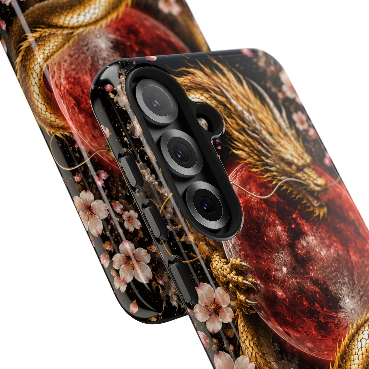 Golden Dragon Moon Tough Phone Case — Cherry Blossoms & Red Moon Protective Cover