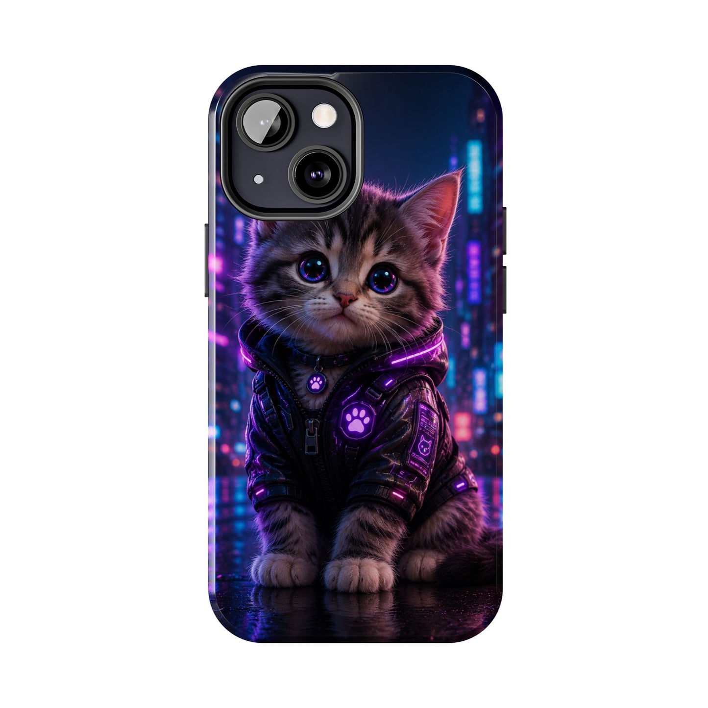 Cyberpunk Kitten Tough Phone Case — Neon Cat Protective Phone Cover