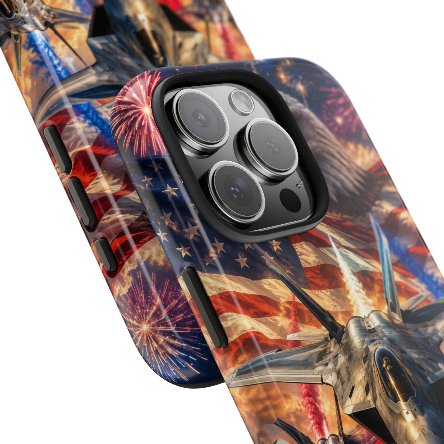 Patriotic Fighter Jet Phone Case with Eagle, American Flag & Fireworks Design