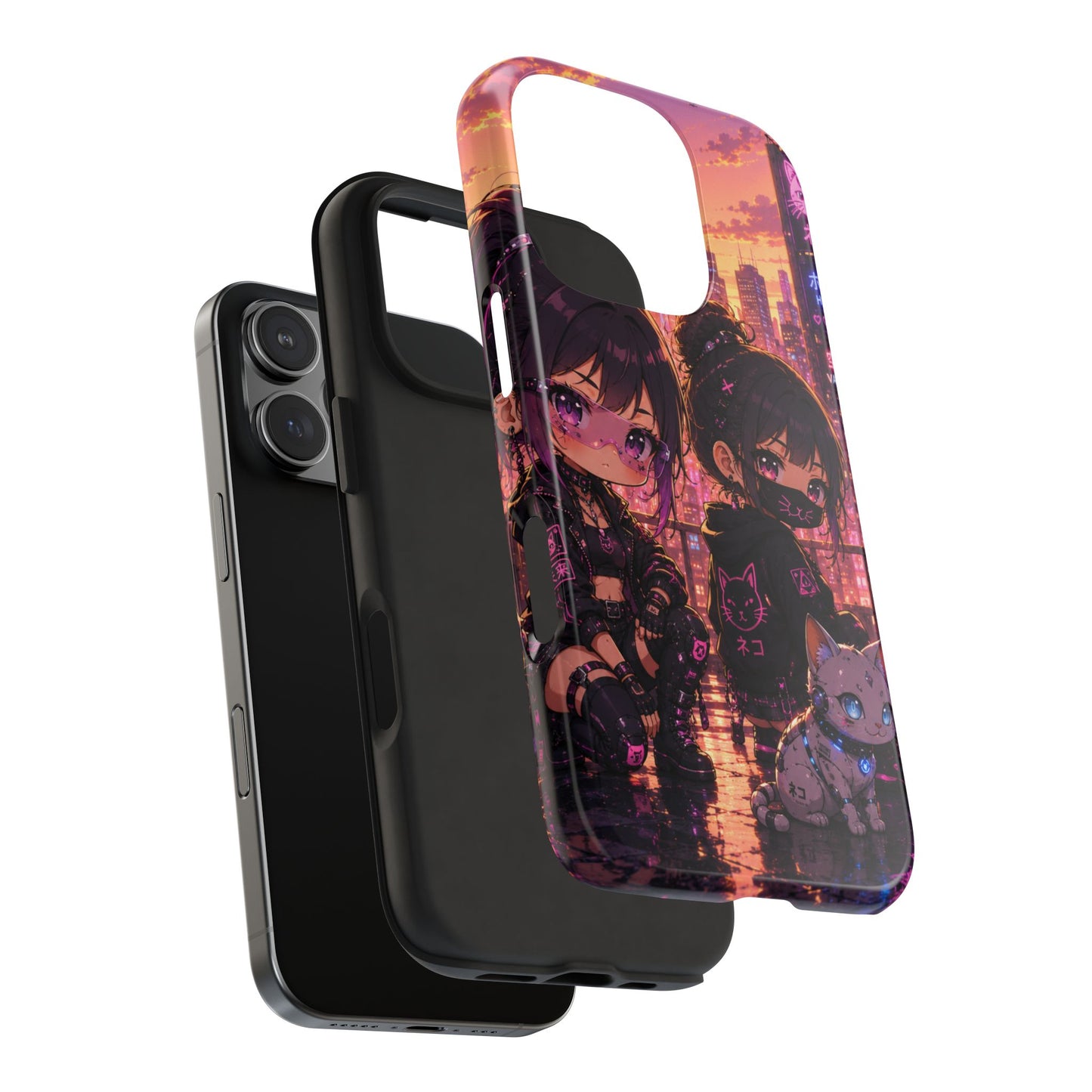 Anime City Night Tough Phone Case — Kawaii Cyberpunk Characters & Cat